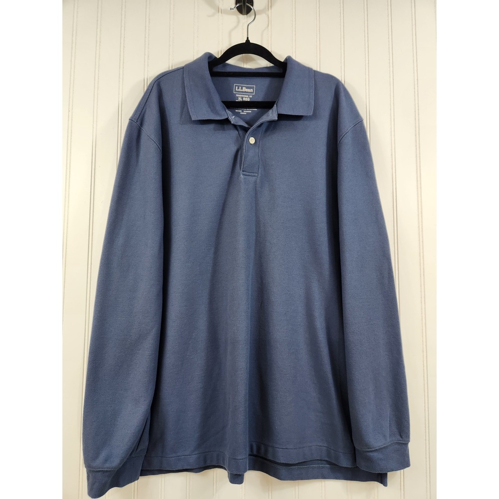 LL Bean Mens XL Blue Long Sleeve Polo Shirt 100% Cotton Pique Casual Outdoor